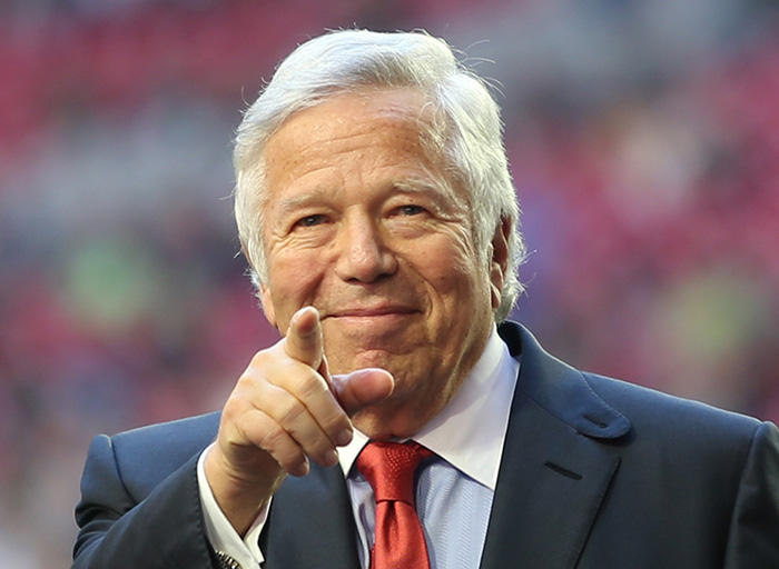 2019 Genesis Prize Laureate and owner of the National Football League's New England Patriots, Robert Kraft, holds up the Lombardi Trophy from Super Bowl LI