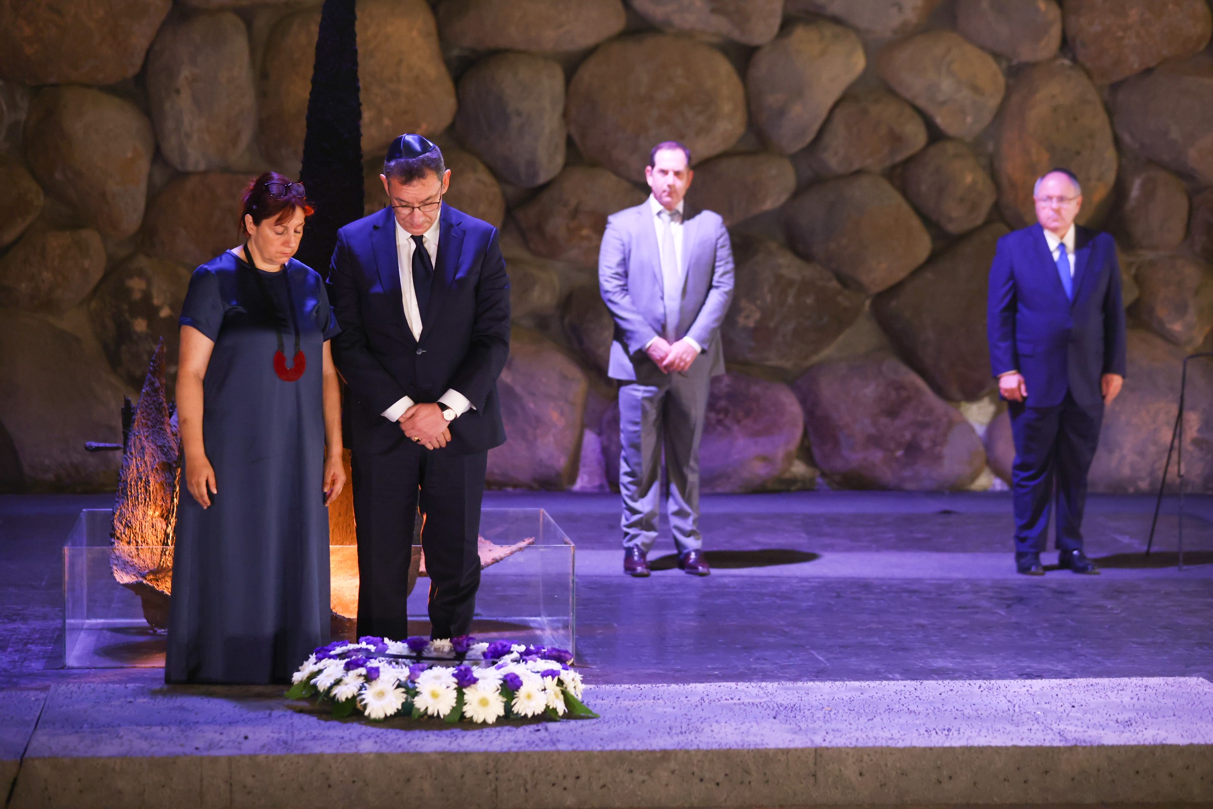 Pictured (L to R): Myriam Bourla, Dr. Albert Bourla, CO-Founder and Chairman of Genesis Prize Foundation Stan Polovets and Chairman of Yad Vashem Ambassador Dani Dayan 