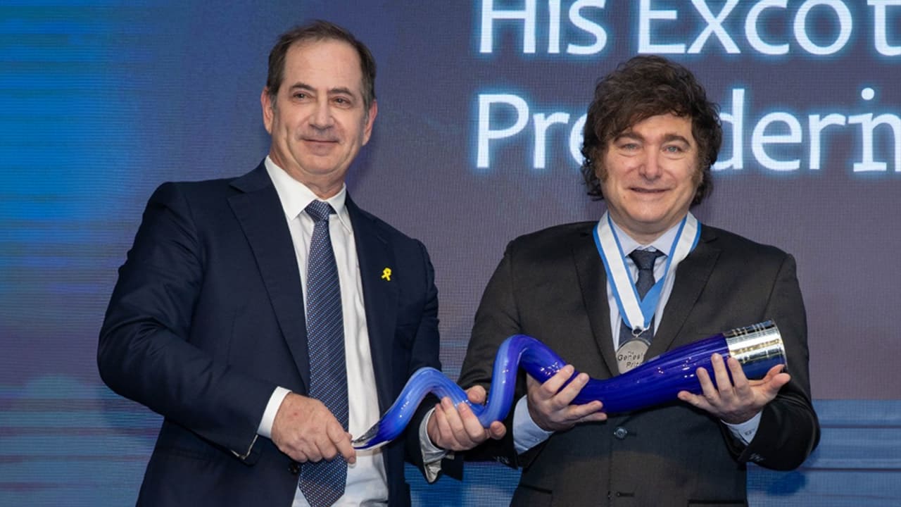 Co-Founder and Chairman of The Genesis Prize Foundation Stan Polovets presents the Genesis Prize to 2025 Laureate Javier Milei at a ceremony on June 12 in Jerusalem.
